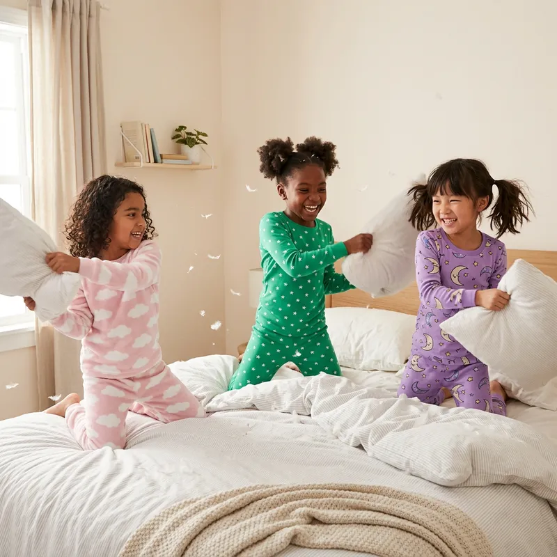 Three Diverse Girls in Cute Pajamas Enjoy Lively Pillow Fight Three Diverse Girls in Cute Pajamas Enjoy Lively Pillow Fight