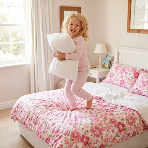 Joyful Young Girl Jumping on Queen-Sized Bed | Pure Happiness