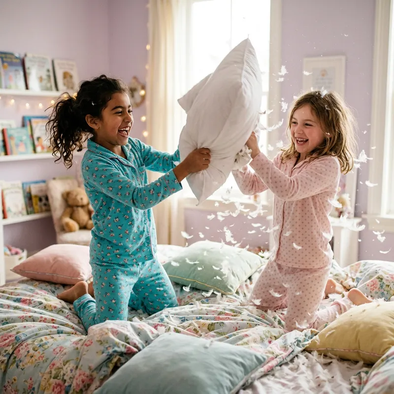 Dynamic Pillow Fight of Two Girls in Colorful Pajamas Dynamic Pillow Fight of Two Girls in Colorful Pajamas