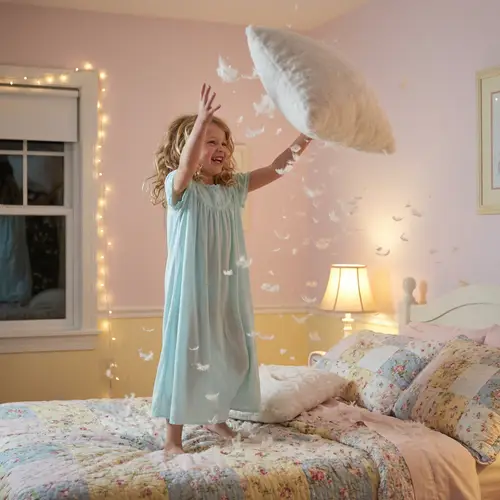 Whimsical Nighttime Fantasy with Blonde Girl on Bed