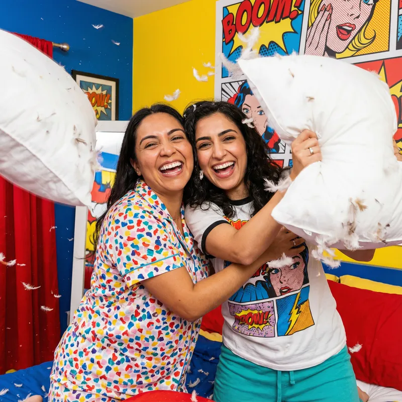 Joyful Pillow Fight - Pop Art Style | Fast Shutter Speed Image Joyful Pillow Fight - Pop Art Style | Fast Shutter Speed Image