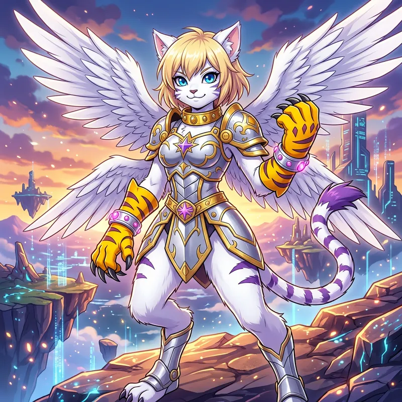 Anime White Feline Anthro with Purple Details | Digimon Style
