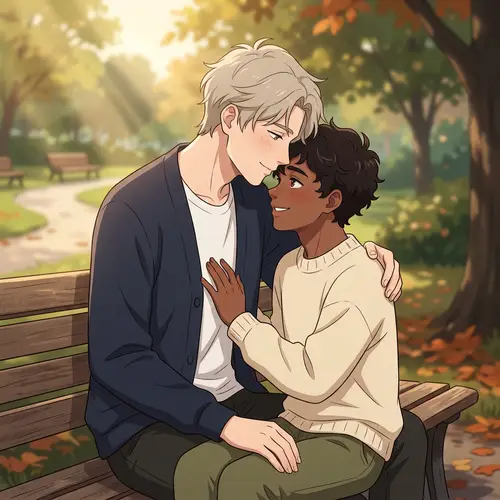 Romantic Anime Scene: Tall Handsome Man & Cute Dark-Skinned Partner