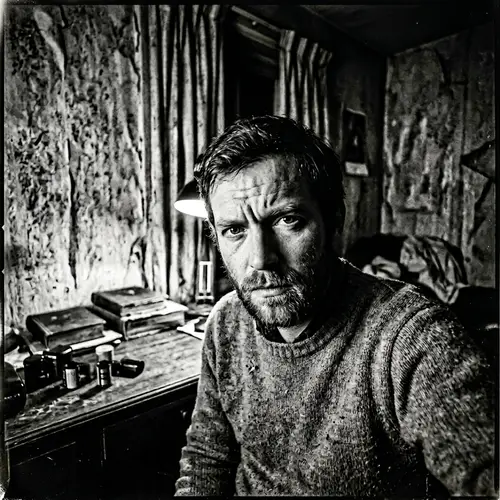 Introspective Black and White Self-Portrait in Dimly Lit Room