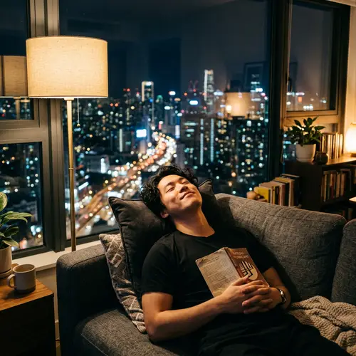 Young Man Relaxing on Sofa with Book in City Setting