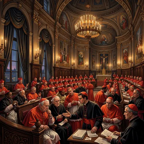 Illustration of Religious Conclave in Ornate Circular Room