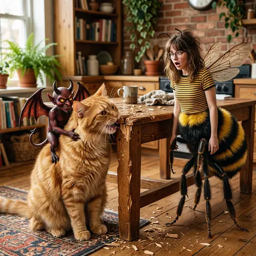 Cat Eating Brown Table with Demon and Person with Bee Body