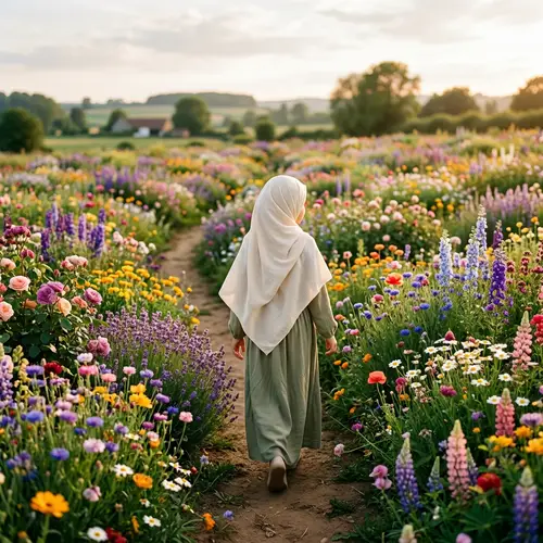 Girl with Hijab Surrounded by Flowers - Peaceful Scene