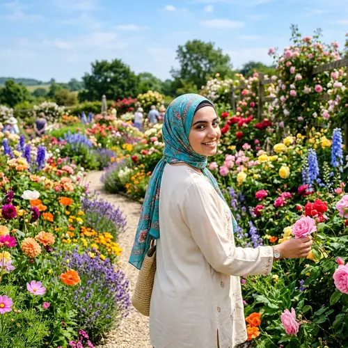 Middle Eastern Girl Admiring Colorful Flowers | Bright Sky View