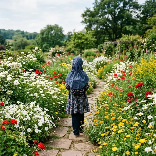 Hijab Girl Surrounded by Red, White, and Yellow Flowers
