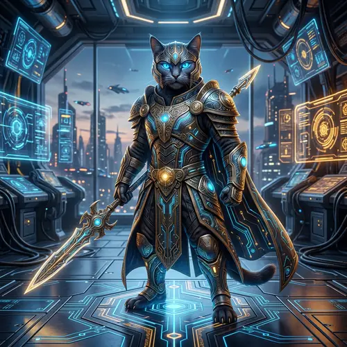 Futuristic Warrior Cat in Ornate Armor