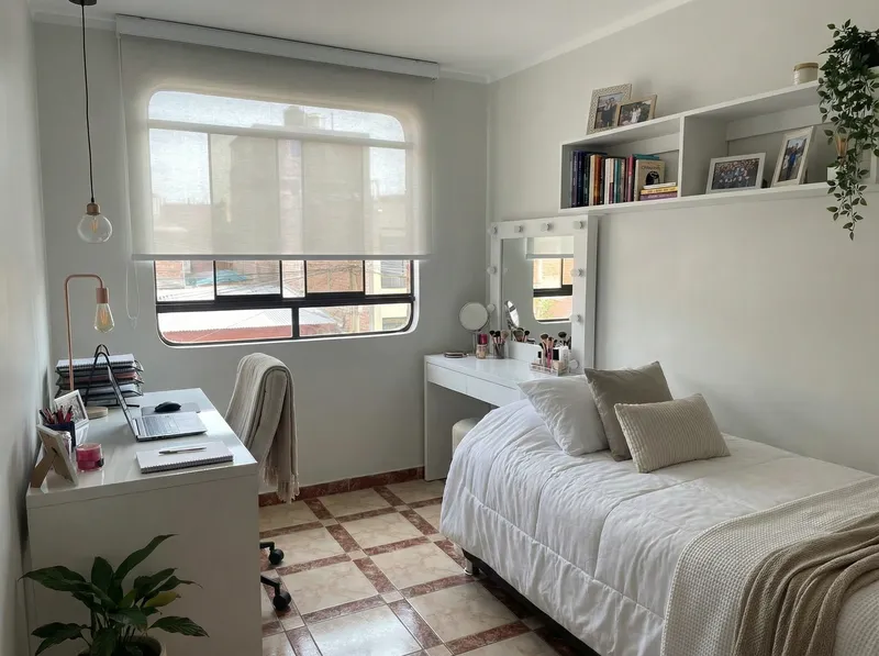 Modern Women's Room with Roller Window and White Furniture
