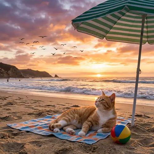 Relaxed Cat Enjoying Beach Sunset | Serene Feline Scene