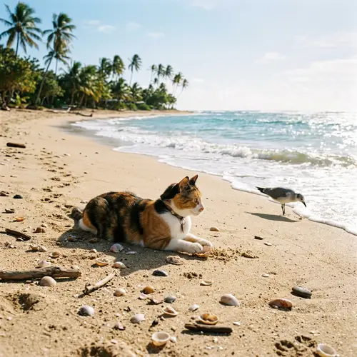 Serene Beach Scene with Calico Cat Playing in the Sand