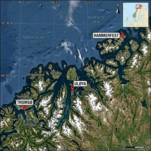 Satellite View of Tromsø, Uløya, and Hammerfest | Norway Map