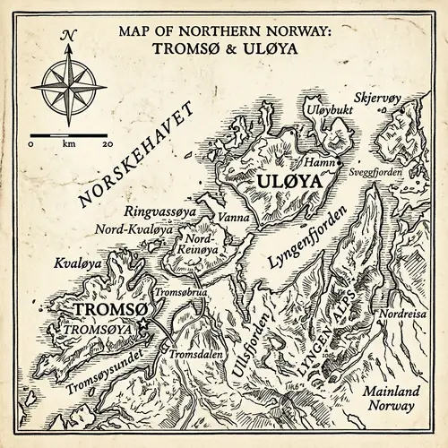 Black and White Map Illustration of Tromsø and Uløya, Norway