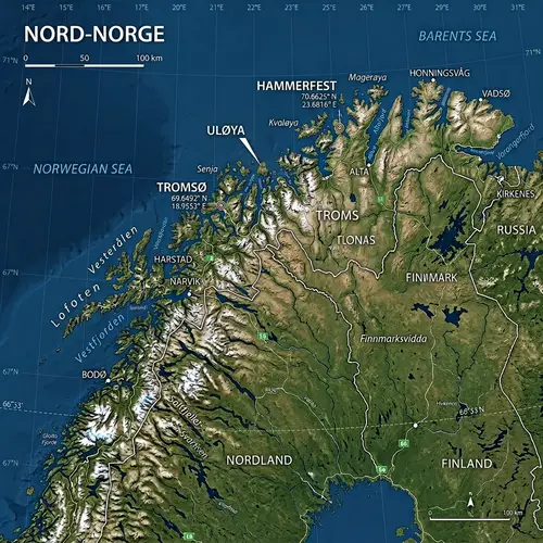 Satellite-Style Map Illustration of Northern Norway