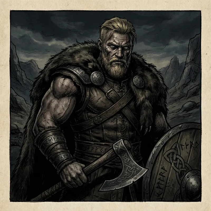 Young Burly Blonde Viking Barbarian in Leather Armor