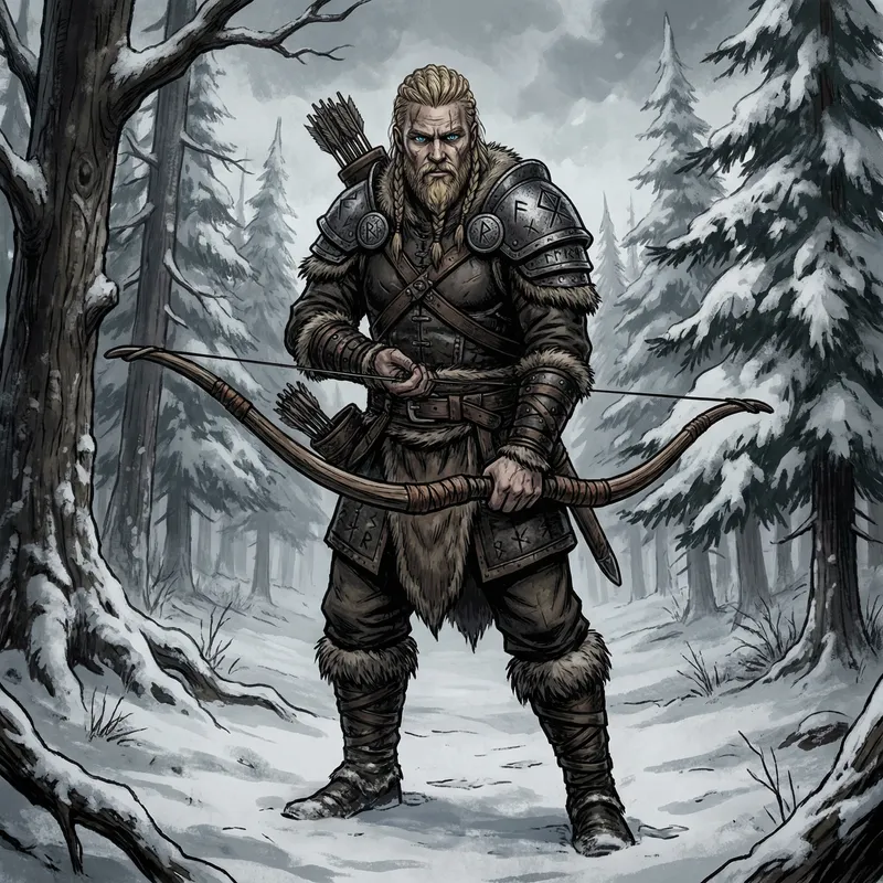 Grimdark Male Viking D&D Hunter with Bow in Winter Forest