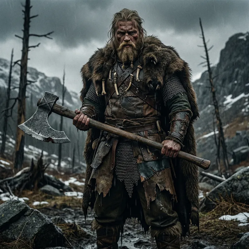 Blonde Viking Barbarian with Greataxe in Grimdark Leather Armor