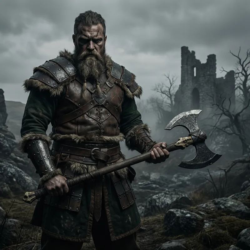 Bearded Viking Barbarian in Leather Armor with Greataxe