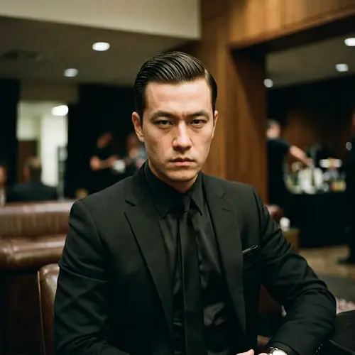 South-Korean Male Musician in Black Suit: Serious and Commanding