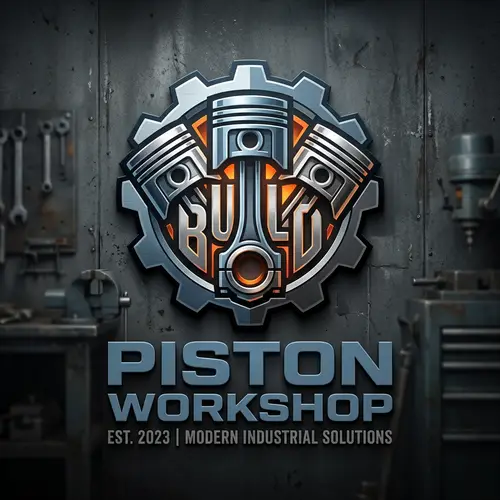 Modern Industrial Workshop Logo Design with Piston Elements