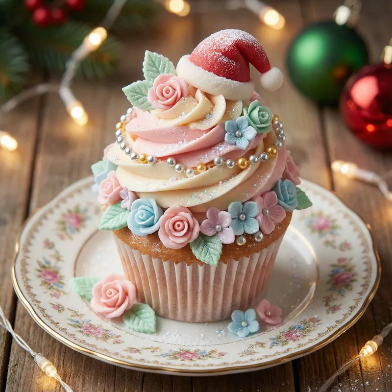 Whimsical Christmas Cupcake with Floral Decor