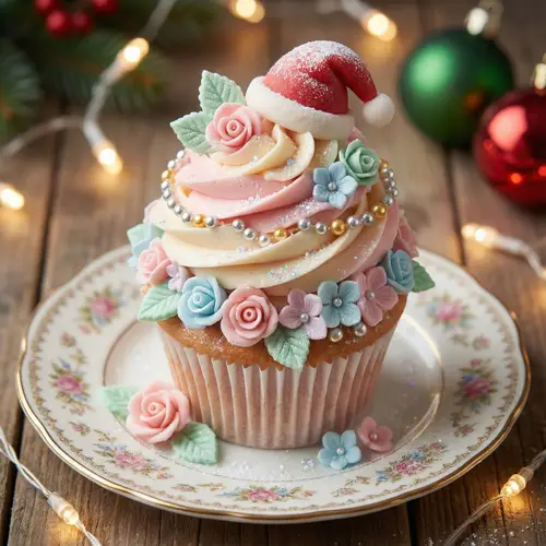 Whimsical Christmas Cupcake with Floral Decor