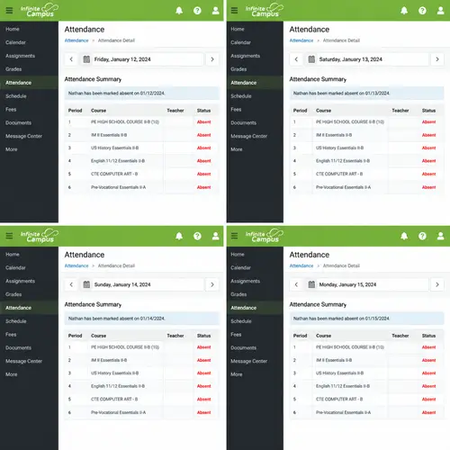 Nathan's Absences on Infinite Campus Dashboard