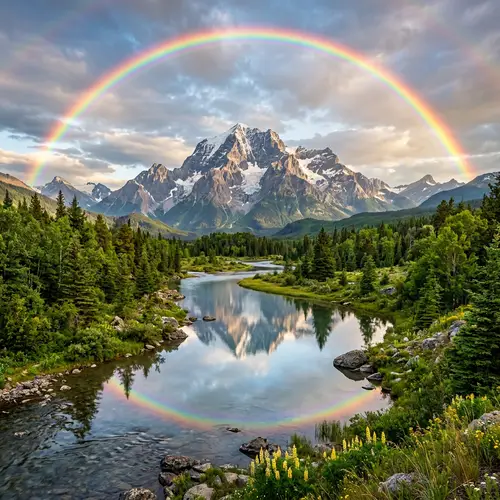 Beautiful Mountain with Rainbow and Riverfront