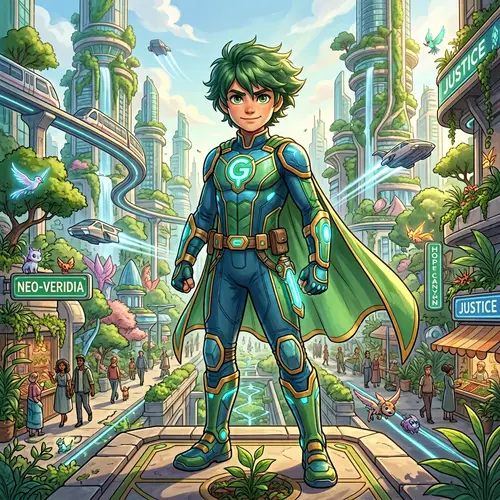 Futuristic Green-Haired Superhero: Courage and Hope