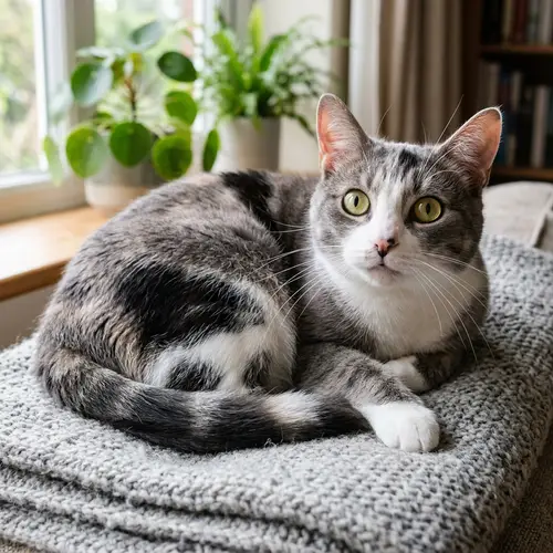 Curious Grey and White Domestic Cat Resting | Website Name