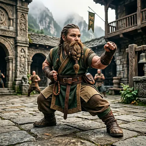 Fierce Female Dwarf Monk in Combat Pose