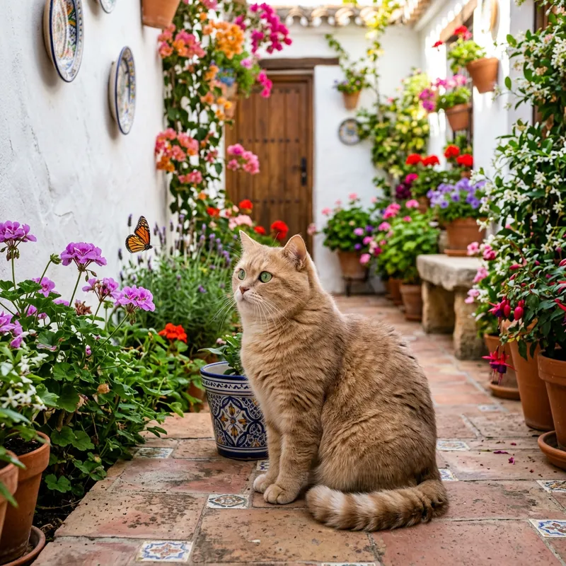 Spanish Cat on Tiled Patio - Luxurious Fur and Green Eyes