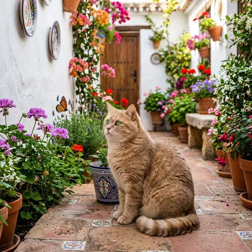 Spanish Cat on Tiled Patio - Luxurious Fur and Green Eyes