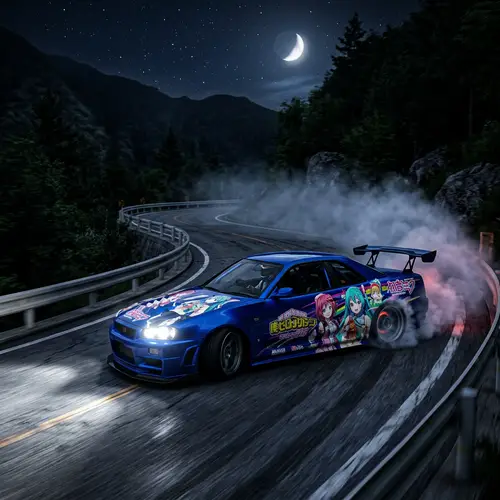 Midnight Drifting: 3D-Rendered Blue Sports Car on Japanese Mountain Road