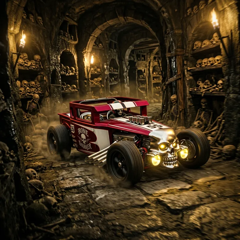 Crimson & White Bone Shaker Car with Catacomb Background Crimson & White Bone Shaker Car with Catacomb Background