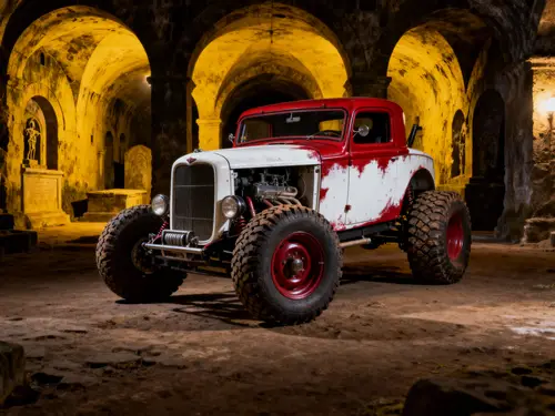 Crimson & White Bone Shaker Car with Catacomb Background