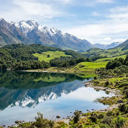 Tranquil Natural Vista: Crystal Lake, Towering Mountains, Lush Green Hills
