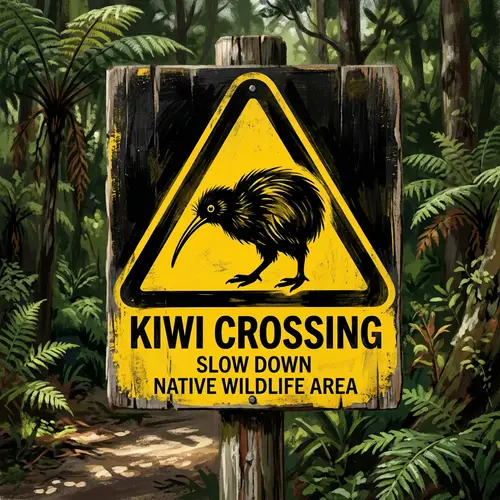 Kiwi Bird Warning Sign Painting - Unique Digital Illustration