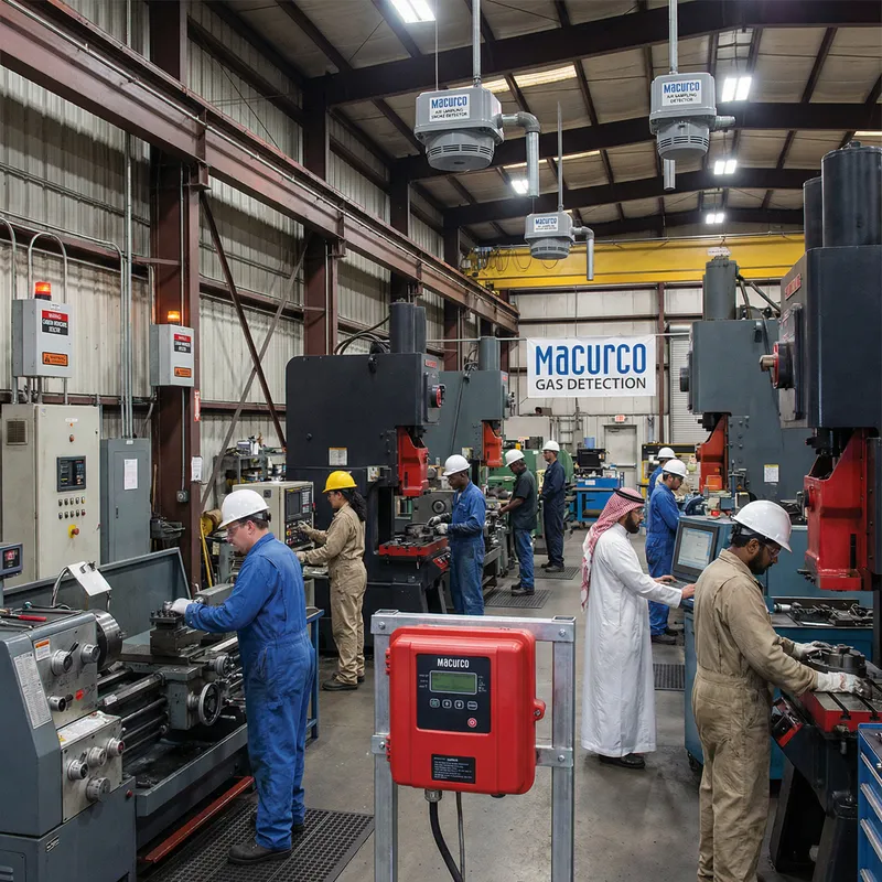 Macurco Industrial Scene: Machinery, Detection & Diverse Workforce
