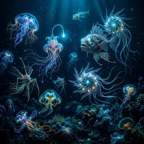 Surreal Underwater Scene: Obscure Deep Sea Creatures