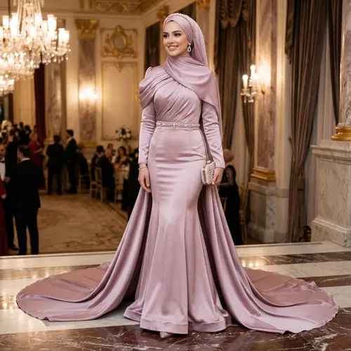 Elegant Satin Evening Gown in Pastel Mauve | Modest Style