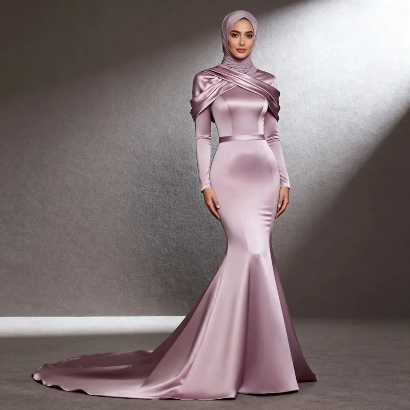 Elegant Satin Evening Gown in Pastel Mauve | Modest Style