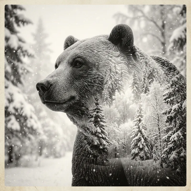 Surreal Bear in Snowy Landscape: Minimalist Double Exposure