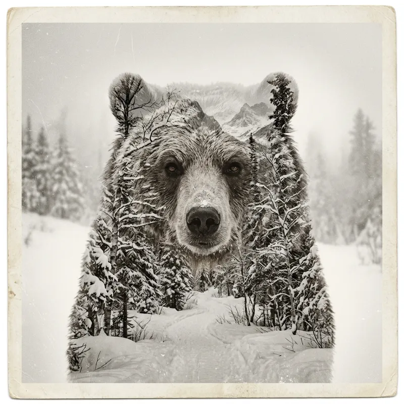 Anachronistic Double Exposure: Surreal Bear Portrait in Snowy Landscape