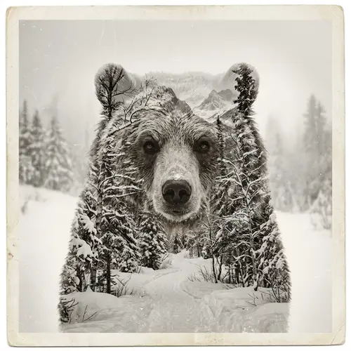 Surreal Bear Portrait Double Exposure in Snowy Landscape