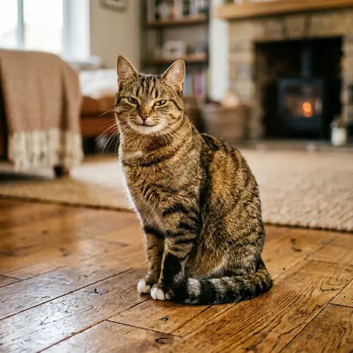 Curious and Beautiful Cat Sitting on Warmly Colored Floor
