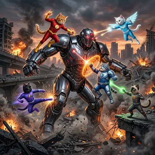 Superhero Cats vs Giant Robot Battle: Epic Showdown